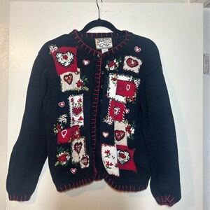 Vintage Black Cardigan with Red and White Heart Patches valentines